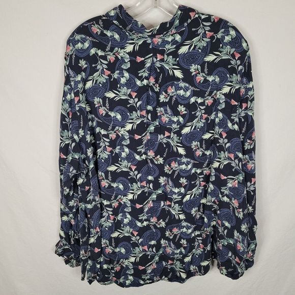 Ulla Popken Navy Floral Paisley Print Roll-Tab Sleeve Viscose Popover Blouse - Picture 2 of 14